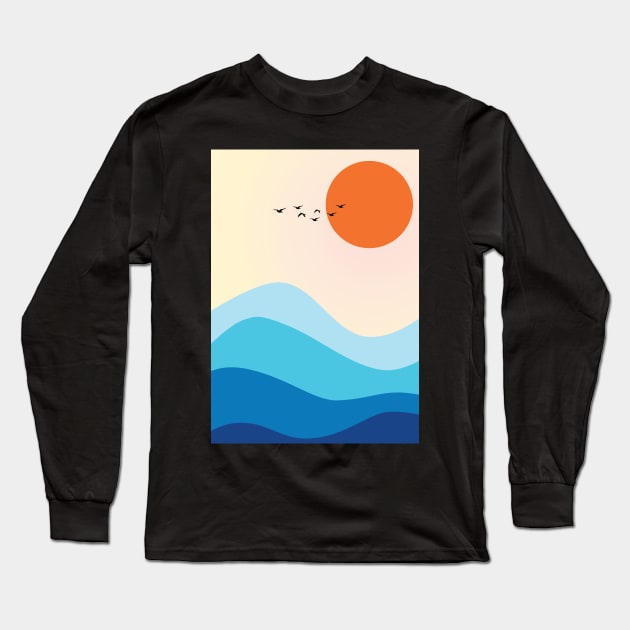 Minimalist Modern Ocean Wave and Sunset Graphic Art Long Sleeve T-Shirt by CityNoir